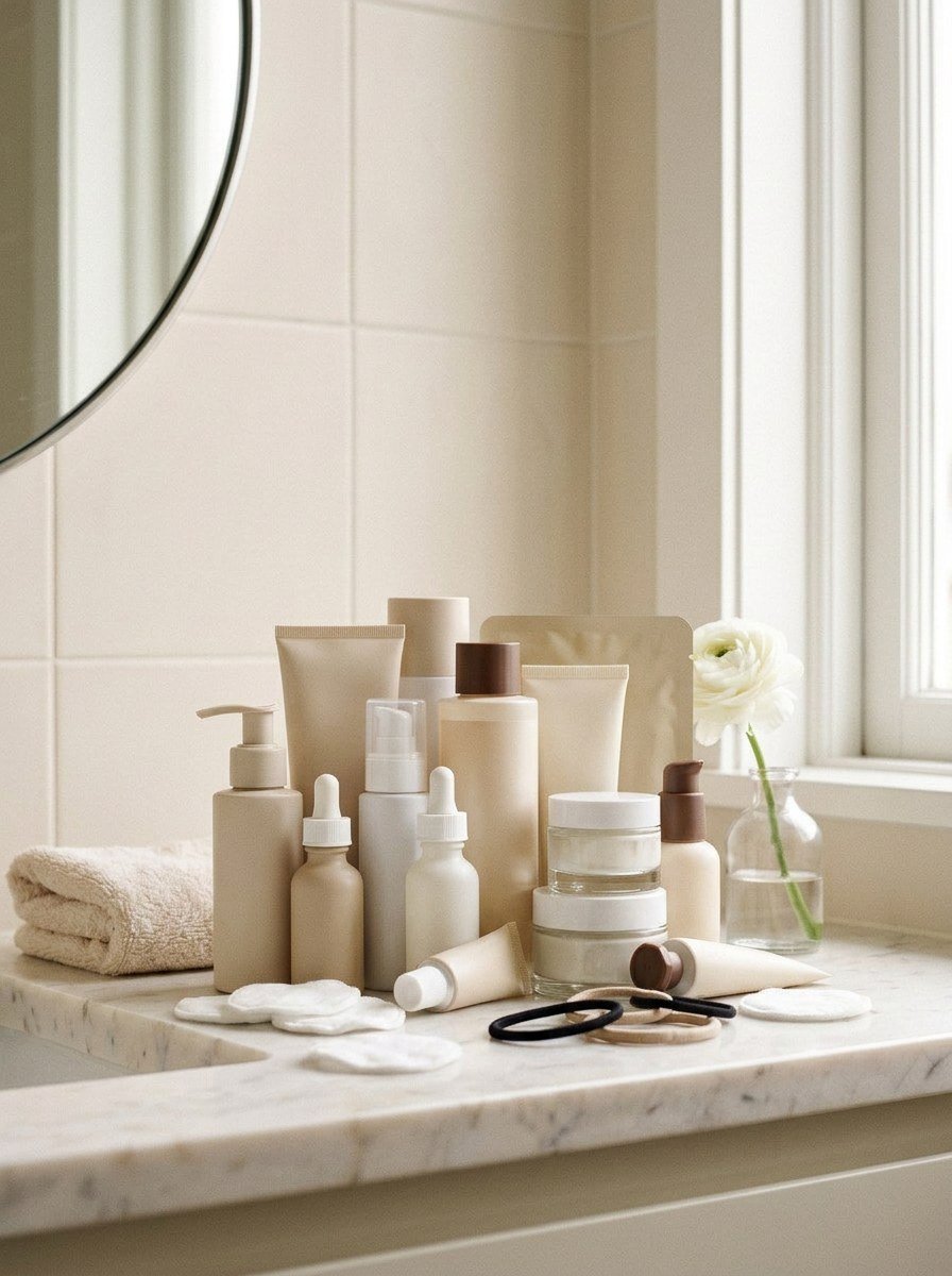 A marble vanity crowded with bottles, jars and sheet masks