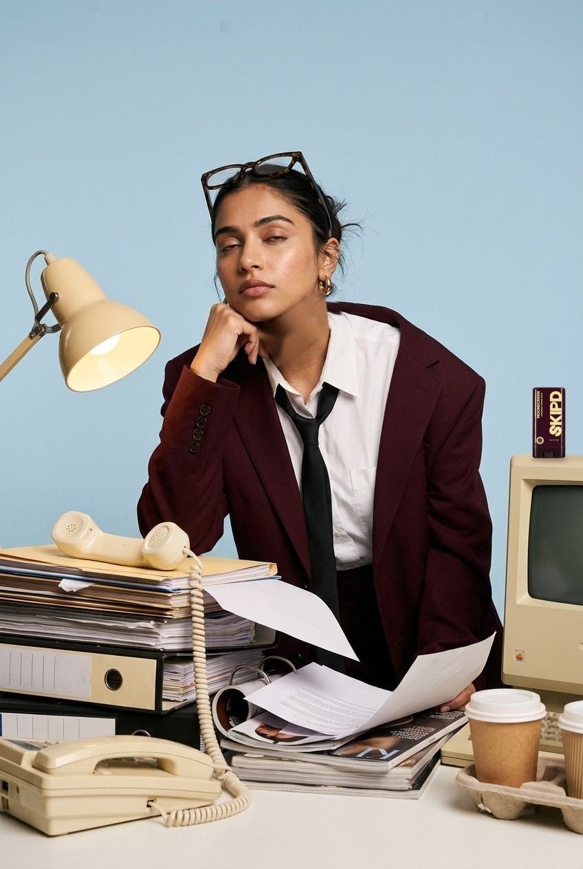 A woman in a burgundy blazer at her desk