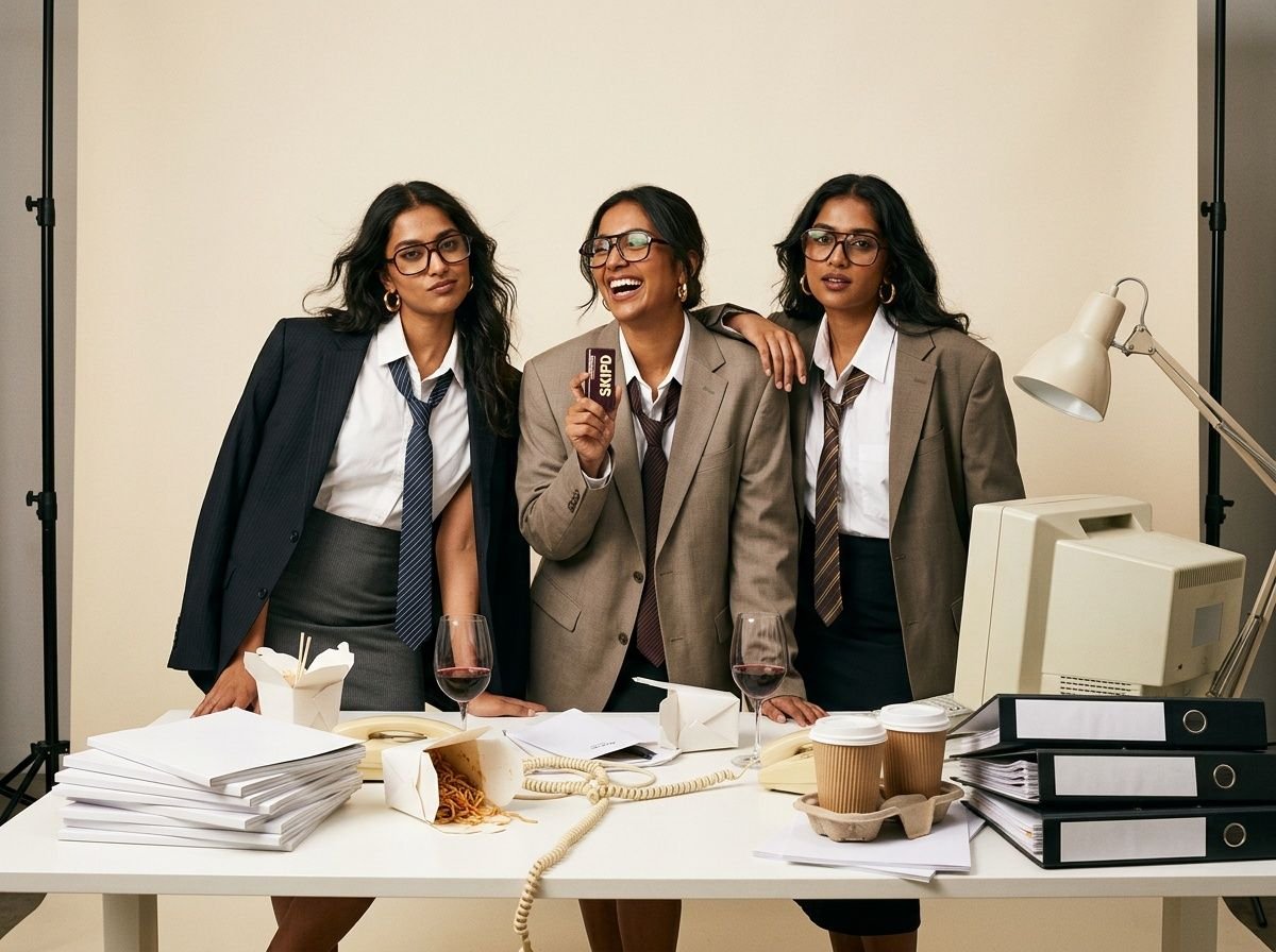 Three women in blazers and ties laughing at an office desk, one holding Moonscreen