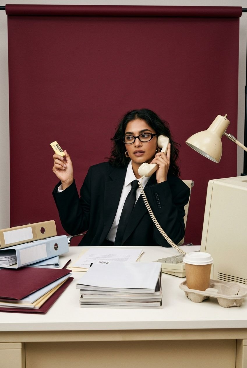 A woman in a black suit on a retro phone at a desk, holding Glowscreen