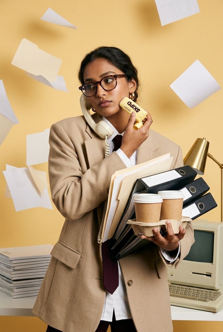 A woman in a beige blazer juggles binders, coffee and a phone while holding Glowscreen