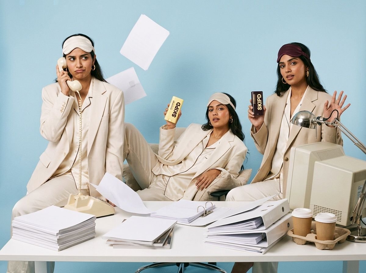 Three friends in cream pyjamas and eye masks, one holding Moonscreen