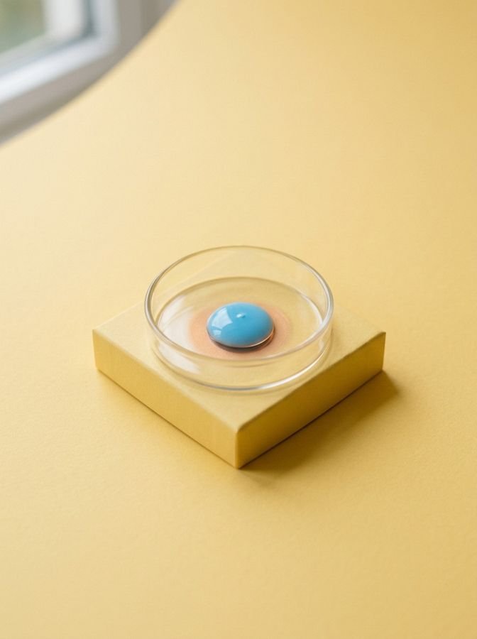 A drop of blue serum in a glass dish
