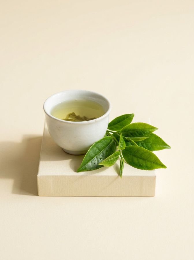 Green tea leaves and a cup of tea