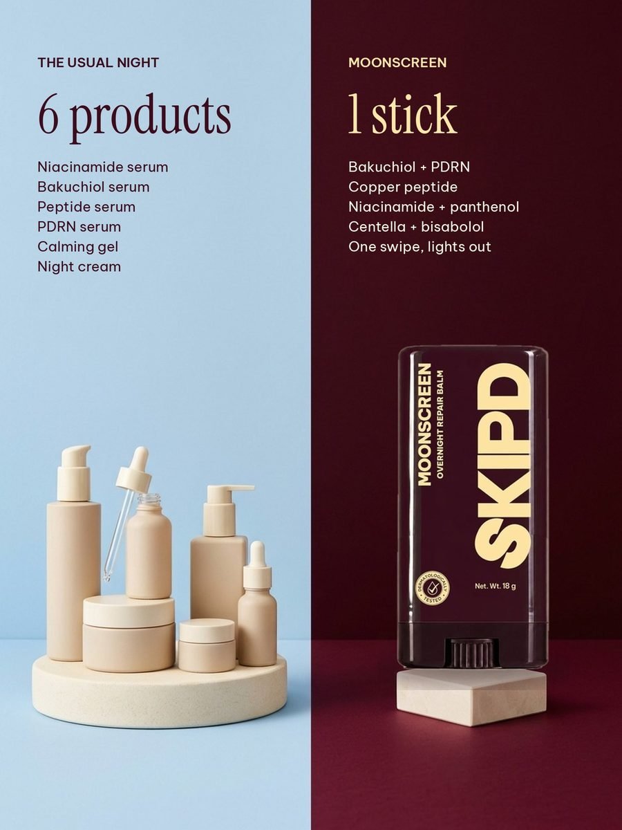 Six products in the usual night routine compared with one Moonscreen stick