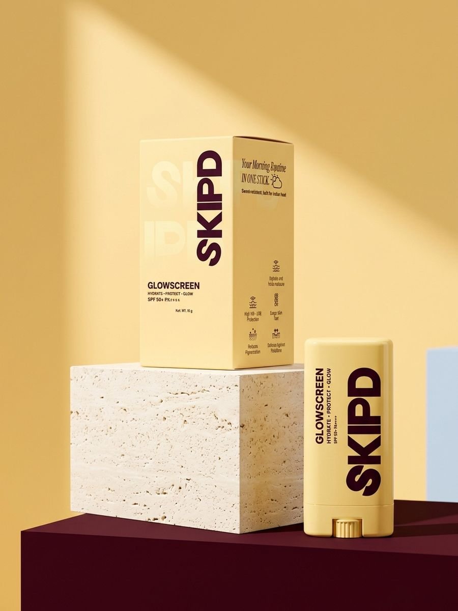 Glowscreen stick and box on a cream plinth
