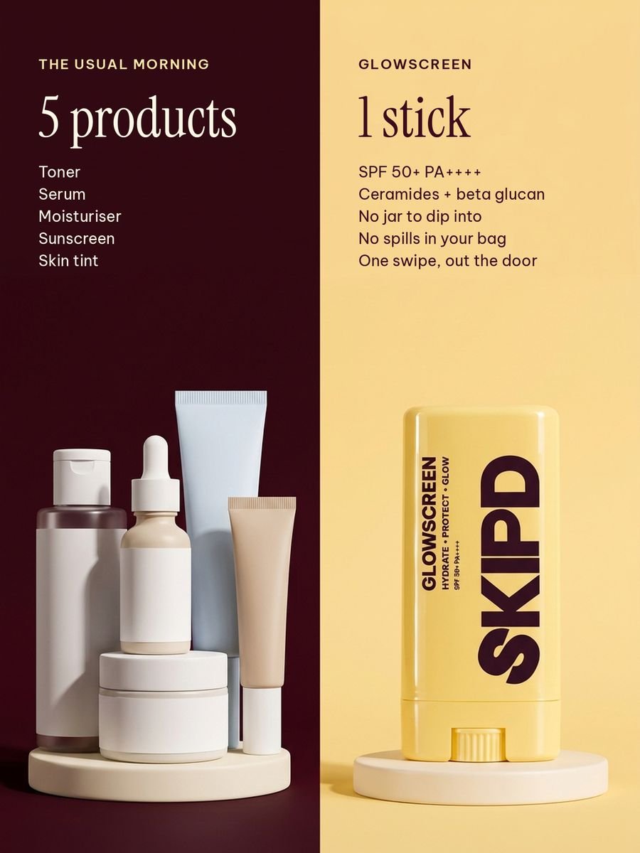 Five products in the usual morning compared with one Glowscreen stick